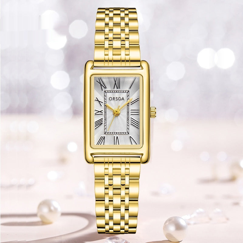 Fashionable Womens Square Steel-Strap Quartz Watch