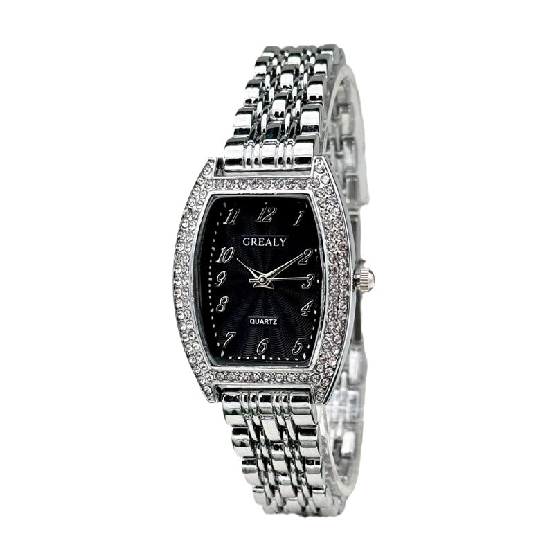 Diamond-encrusted Watch Barrel-shaped Dial Metal Bracelet Quartz Ladies' Watch