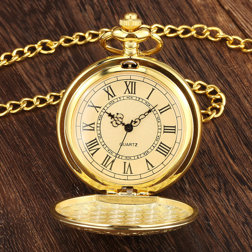 Golden Carved Shield Pattern Large Pocket Watch Roman Quartz Watch