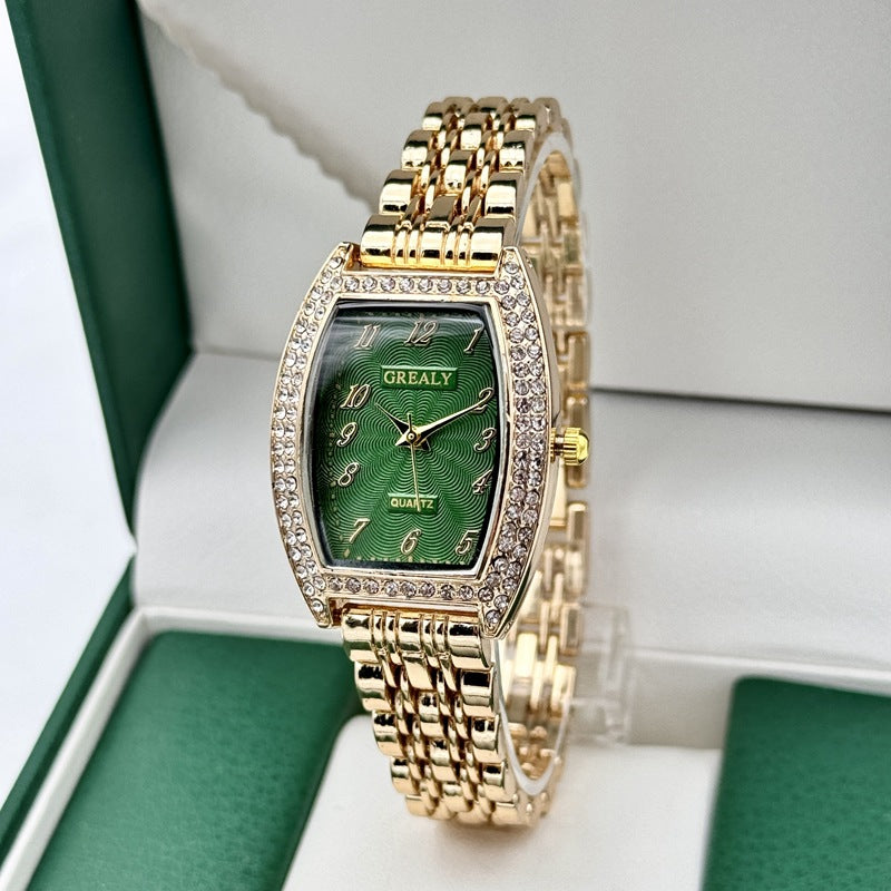 Diamond-encrusted Watch Barrel-shaped Dial Metal Bracelet Quartz Ladies' Watch